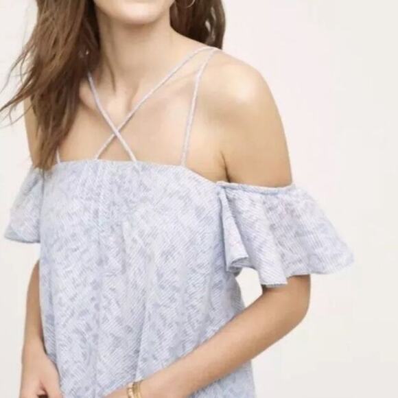 Anthropologie HD Paris Dayflower Mini Dress Off Shoulder Blue White - Picture 3 of 12